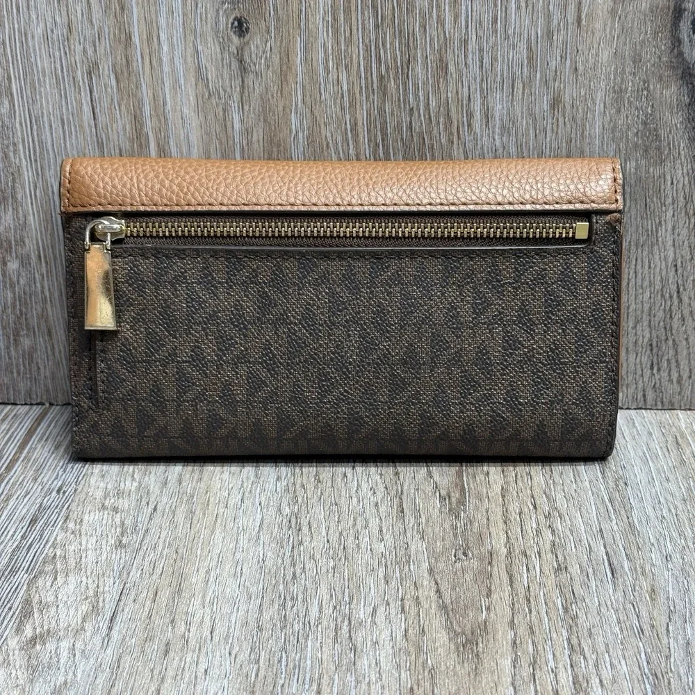 Michael Kors Karla Large Trifold Wallet Tan Studded Faux Leather Logo